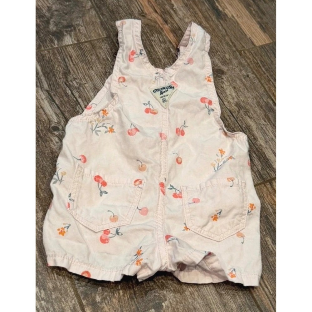 OshKosh Bgosh Baby Girl Cherry Floral Print Pink Shortall Romper Overalls 6-9M